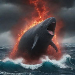 Elevate the scene of anger, depicting the sperm whale as a bubbling cauldron of wrath. Its eyes flash crimson fire, blowhole fuming fiercely, while the surrounding sea mirrors the rage with aggressive, violent storm surges.