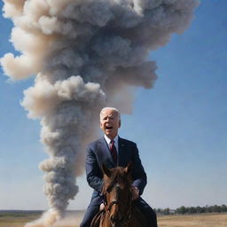 Joe Biden, with an animated expression of excitement, sniffing the smoke trail of a Minuteman III missile just launched, riding it like a cowboy.