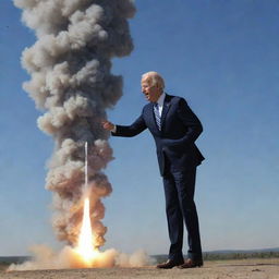 Joe Biden, with an animated expression of excitement, sniffing the smoke trail of a Minuteman III missile just launched, riding it like a cowboy.