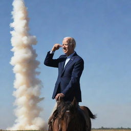 Joe Biden, with an animated expression of excitement, sniffing the smoke trail of a Minuteman III missile just launched, riding it like a cowboy.