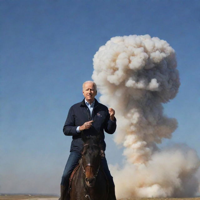 Joe Biden, with an animated expression of excitement, sniffing the smoke trail of a Minuteman III missile just launched, riding it like a cowboy.