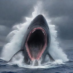 Immerse the viewer in the apex predator's world as the blindingly enraged sperm whale, eyes ablaze and trails of bubbles fuming from its blowhole, catches a swift, startled shark in its cavernous jaws against a roiling, storm-kissed sea.