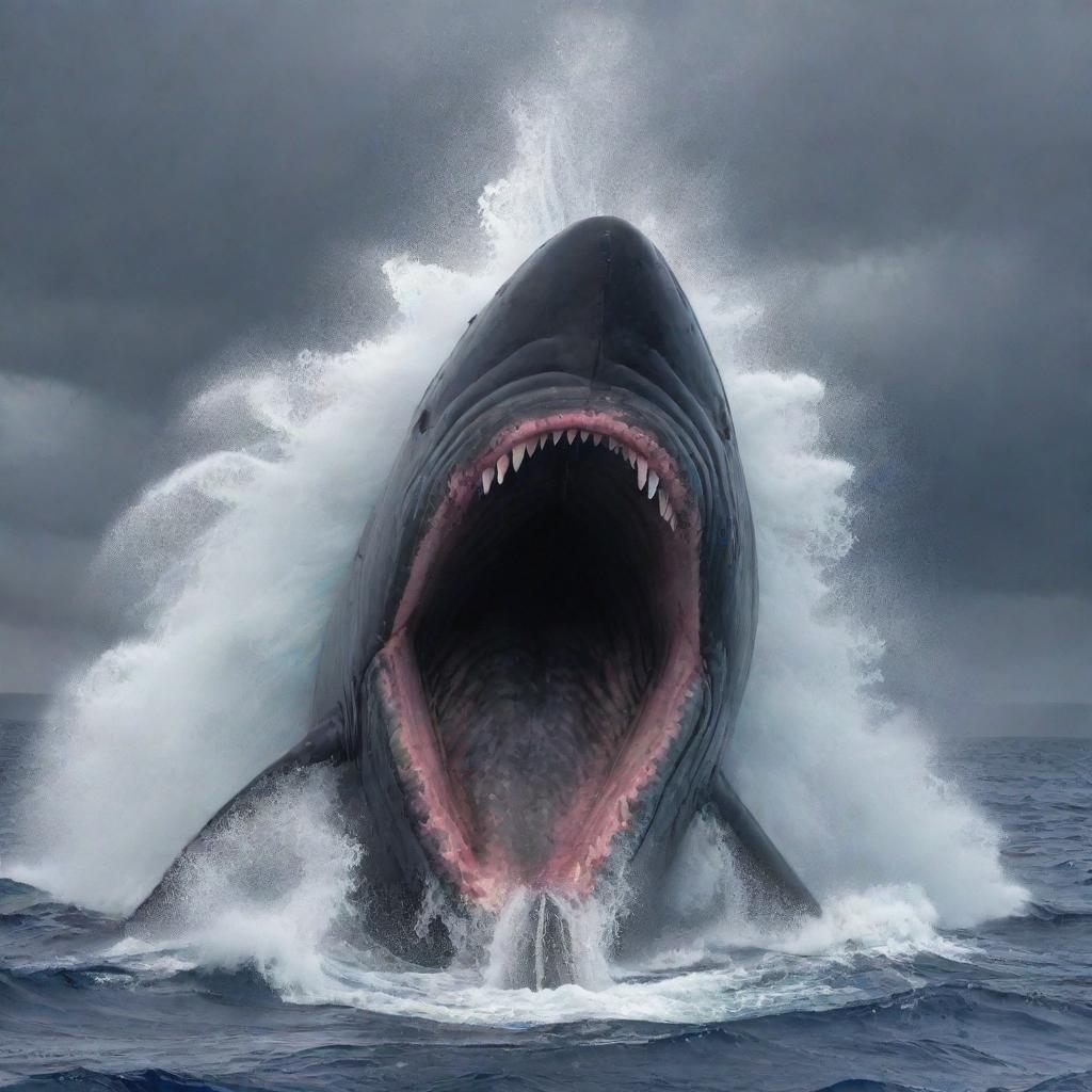 Immerse the viewer in the apex predator's world as the blindingly enraged sperm whale, eyes ablaze and trails of bubbles fuming from its blowhole, catches a swift, startled shark in its cavernous jaws against a roiling, storm-kissed sea.