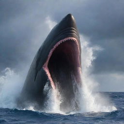 Immerse the viewer in the apex predator's world as the blindingly enraged sperm whale, eyes ablaze and trails of bubbles fuming from its blowhole, catches a swift, startled shark in its cavernous jaws against a roiling, storm-kissed sea.