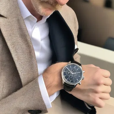 The elegant watch slipped onto his wrist, accentuating his radial pulse that matched perfectly with his stylish attire.