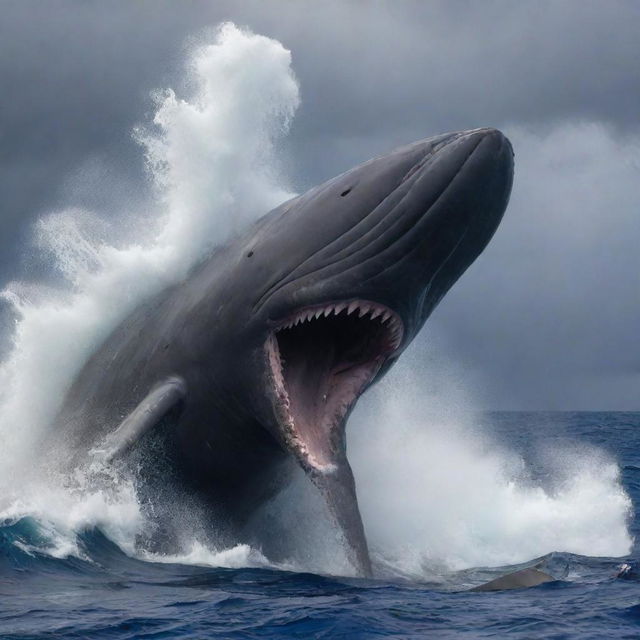 Immerse the viewer in the apex predator's world as the blindingly enraged sperm whale, eyes ablaze and trails of bubbles fuming from its blowhole, catches a swift, startled shark in its cavernous jaws against a roiling, storm-kissed sea.