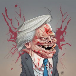 A caricature of Donald Trump depicted in a stylised, zombie-like manner, with greyish skin, sunken eyes and disarrayed hair.