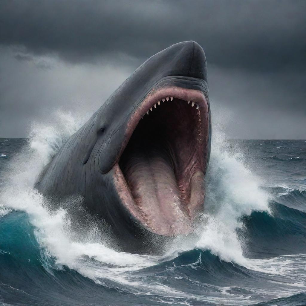 Alter the image to portray the angry sperm whale as the world's largest, its massive form dwarfing the swallowed shark and surrounding ocean life. Furious eyes, a tempest in the stormy sea, powerfully convey its supremacy.