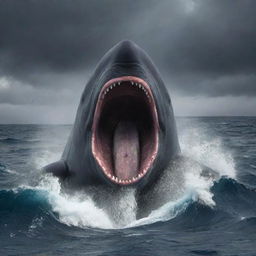 Alter the image to portray the angry sperm whale as the world's largest, its massive form dwarfing the swallowed shark and surrounding ocean life. Furious eyes, a tempest in the stormy sea, powerfully convey its supremacy.