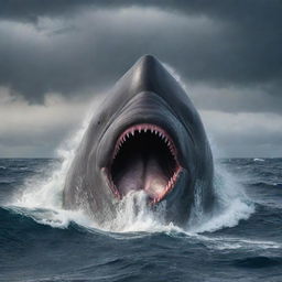 Alter the image to portray the angry sperm whale as the world's largest, its massive form dwarfing the swallowed shark and surrounding ocean life. Furious eyes, a tempest in the stormy sea, powerfully convey its supremacy.