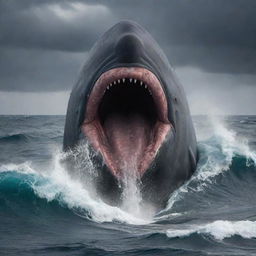 Alter the image to portray the angry sperm whale as the world's largest, its massive form dwarfing the swallowed shark and surrounding ocean life. Furious eyes, a tempest in the stormy sea, powerfully convey its supremacy.