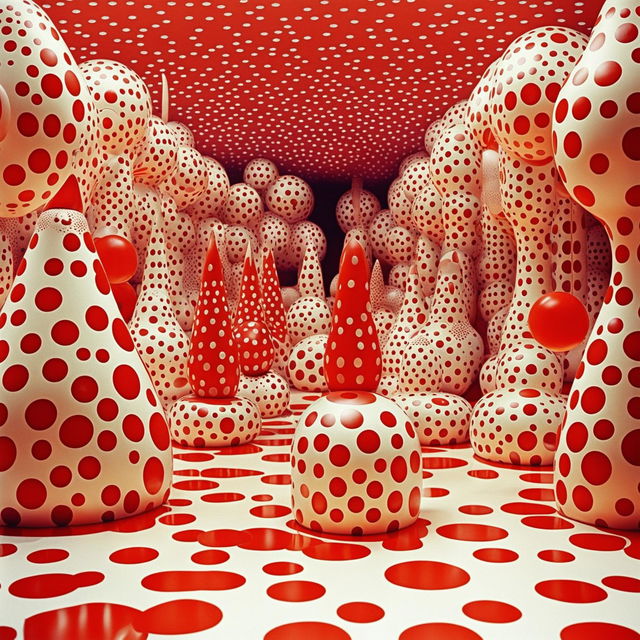 Cats represented in the vivid, repetition-driven art style of Japanese artist Yayoi Kusama involving polka dots and bright colors.