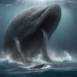 Reimagine the scene as the world's largest, most enraged sperm whale locked in a titan battle with a formidable Megalodon. The waters are a maelstrom of chaos, reflecting intense struggle between these prehistoric adversaries.