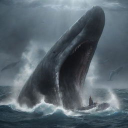 Reimagine the scene as the world's largest, most enraged sperm whale locked in a titan battle with a formidable Megalodon. The waters are a maelstrom of chaos, reflecting intense struggle between these prehistoric adversaries.