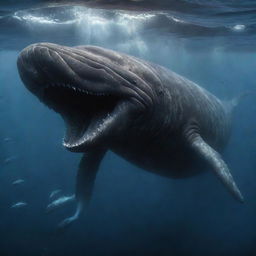 Reimagine the scene as the world's largest, most enraged sperm whale locked in a titan battle with a formidable Megalodon. The waters are a maelstrom of chaos, reflecting intense struggle between these prehistoric adversaries.