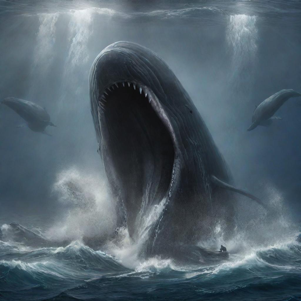 Reimagine the scene as the world's largest, most enraged sperm whale locked in a titan battle with a formidable Megalodon. The waters are a maelstrom of chaos, reflecting intense struggle between these prehistoric adversaries.