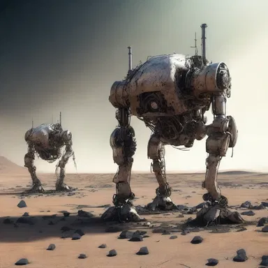 In the distant future, advanced robotic beings roamed the desolate wastelands, their bodies appearing eerily unmoving yet powered by mysterious mechanisms.
