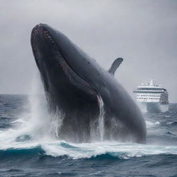 Modify the scene presenting the enraged, world's largest sperm whale in a dramatic clash with technology as it sinks its massive teeth into the steel hull of a large cruise ship, the ensuing chaos mirrored in the ocean's tumultuous waves.