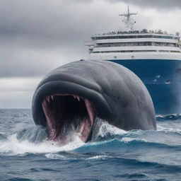 Modify the scene presenting the enraged, world's largest sperm whale in a dramatic clash with technology as it sinks its massive teeth into the steel hull of a large cruise ship, the ensuing chaos mirrored in the ocean's tumultuous waves.