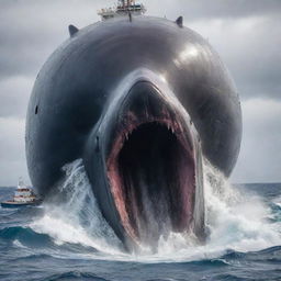 Modify the scene presenting the enraged, world's largest sperm whale in a dramatic clash with technology as it sinks its massive teeth into the steel hull of a large cruise ship, the ensuing chaos mirrored in the ocean's tumultuous waves.