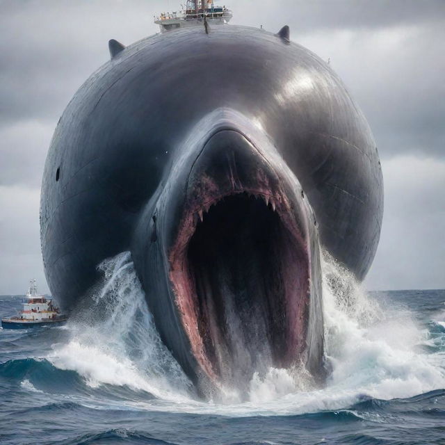 Modify the scene presenting the enraged, world's largest sperm whale in a dramatic clash with technology as it sinks its massive teeth into the steel hull of a large cruise ship, the ensuing chaos mirrored in the ocean's tumultuous waves.