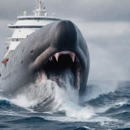 Modify the scene presenting the enraged, world's largest sperm whale in a dramatic clash with technology as it sinks its massive teeth into the steel hull of a large cruise ship, the ensuing chaos mirrored in the ocean's tumultuous waves.