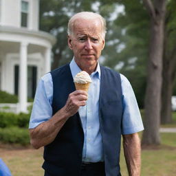 A bewildered Joe Biden standing and holding an ice cream cone.