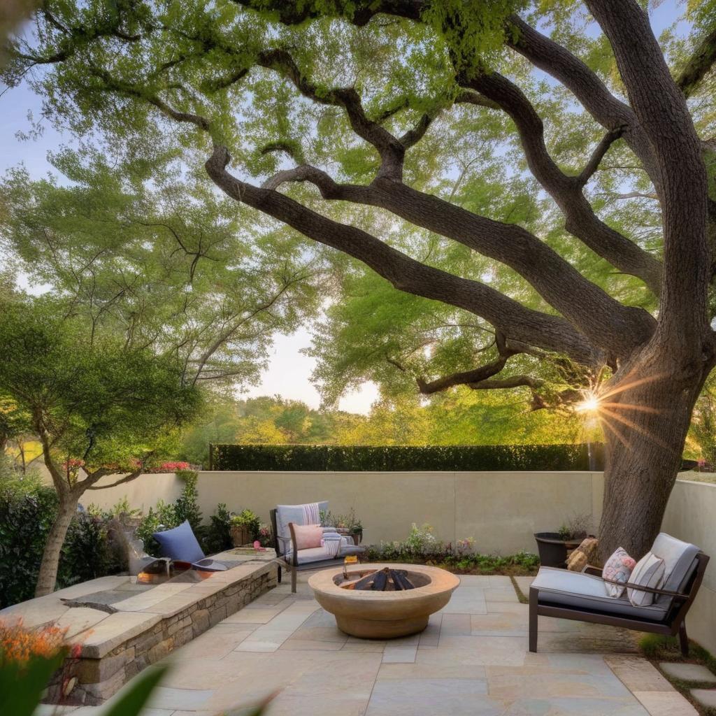 A luscious backyard with manicured lawns, blossoming flowers, a cozy hammock strung between two trees, a glass topped patio table set, and an elaborate stone barbecue pit.