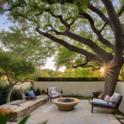 A luscious backyard with manicured lawns, blossoming flowers, a cozy hammock strung between two trees, a glass topped patio table set, and an elaborate stone barbecue pit.