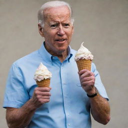 A bewildered Joe Biden standing and holding an ice cream cone.