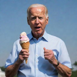 A bewildered Joe Biden standing and holding an ice cream cone.