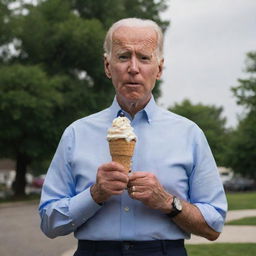 A bewildered Joe Biden standing and holding an ice cream cone.