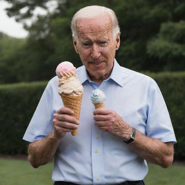 Joe Biden standing and holding an ice cream cone that is comically large.