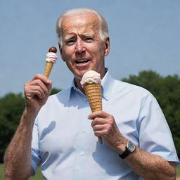 Joe Biden standing and holding an ice cream cone that is comically large.