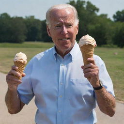 Joe Biden standing and holding an ice cream cone that is comically large.