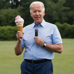 Joe Biden standing and holding an ice cream cone that is comically large.