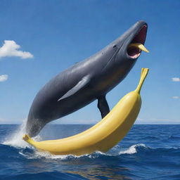 Refashion the scene to depict an unexpected twist with the colossal, furious sperm whale humorously holding a giant yellow banana between its massive jaws, against the deep blue ocean backdrop. Despite the tension, there's a whimsical wave in the air.