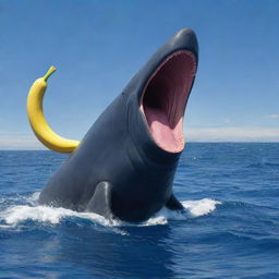 Refashion the scene to depict an unexpected twist with the colossal, furious sperm whale humorously holding a giant yellow banana between its massive jaws, against the deep blue ocean backdrop. Despite the tension, there's a whimsical wave in the air.