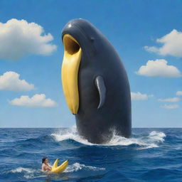 Refashion the scene to depict an unexpected twist with the colossal, furious sperm whale humorously holding a giant yellow banana between its massive jaws, against the deep blue ocean backdrop. Despite the tension, there's a whimsical wave in the air.