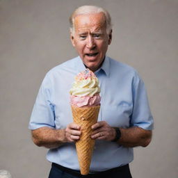 Joe Biden standing, struggling to hold an enormously huge, insanely large ice cream cone.