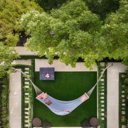 A luscious backyard with manicured lawns, blossoming flowers, a cozy hammock strung between two trees, a glass topped patio table set, and an elaborate stone barbecue pit.