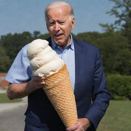 Joe Biden standing, struggling to hold an enormously huge, insanely large ice cream cone.