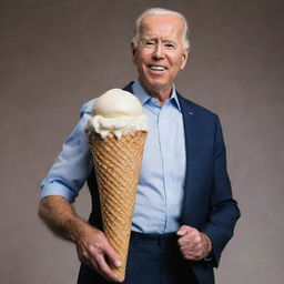 Joe Biden standing, struggling to hold an enormously huge, insanely large ice cream cone.