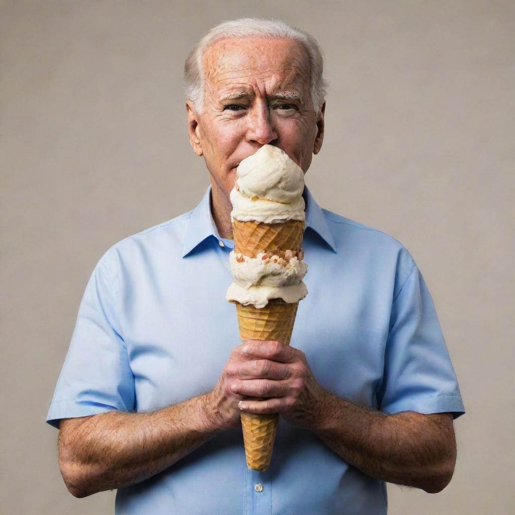 Joe Biden standing, struggling to hold an enormously huge, insanely large ice cream cone.