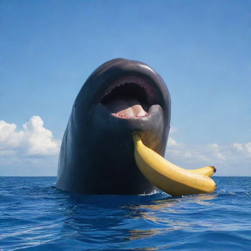 Transform the scene from fury to joy. The world's largest sperm whale is now grinning, joyfully holding the giant banana. Its eyes sparkle with happiness, casting a warm, sunny glow into the surrounding azure ocean waters.