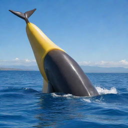 Transform the scene from fury to joy. The world's largest sperm whale is now grinning, joyfully holding the giant banana. Its eyes sparkle with happiness, casting a warm, sunny glow into the surrounding azure ocean waters.