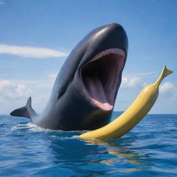 Transform the scene from fury to joy. The world's largest sperm whale is now grinning, joyfully holding the giant banana. Its eyes sparkle with happiness, casting a warm, sunny glow into the surrounding azure ocean waters.