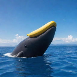 Transform the scene from fury to joy. The world's largest sperm whale is now grinning, joyfully holding the giant banana. Its eyes sparkle with happiness, casting a warm, sunny glow into the surrounding azure ocean waters.