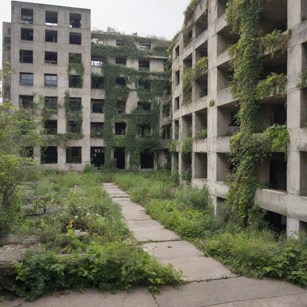 An urban landscape being reclaimed by nature, with intertwining elements of wildlife, vines, and abundant greenery sprouting through the concrete and buildings.