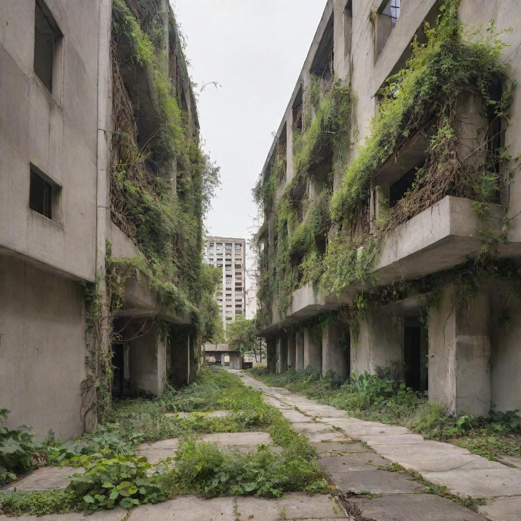 An urban landscape being reclaimed by nature, with intertwining elements of wildlife, vines, and abundant greenery sprouting through the concrete and buildings.